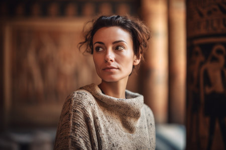 Portrait of a beautiful young woman in a beige sweater.の素材