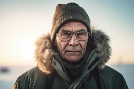 Portrait of an elderly man in a warm jacket on the background of the winter landscape.の素材