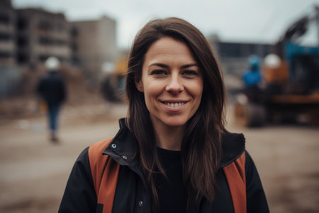 Portrait of a beautiful young woman with long brown hair in an orange jacket on a construction siteの素材