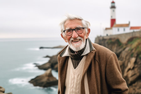 Portrait of happy senior man wearing coat and eyeglasses standing in front of the lighthouse on the coastの素材