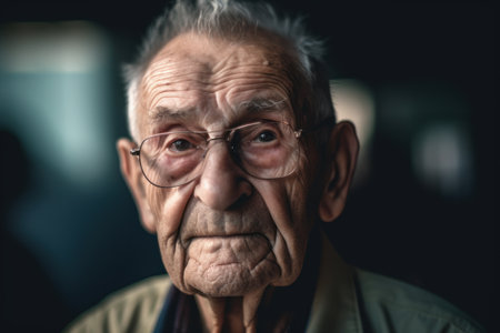 Portrait of an old man with glasses. Selective focus.の素材