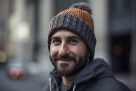Portrait of a handsome bearded man in a hat and jacket on the streetの素材
