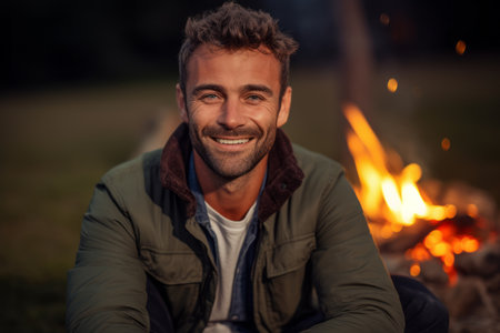 Portrait of a smiling young man sitting by the campfire.の素材