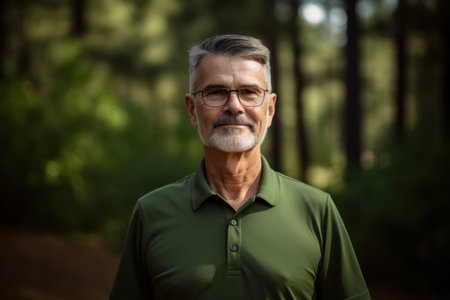 Portrait of a senior man standing in the forest. Looking at camera.の素材