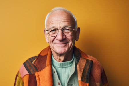 smiling senior man in eyeglasses and plaid on yellowの素材