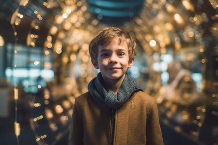Portrait of a boy in a coat and scarf on the background of the Christmas decorationsの素材