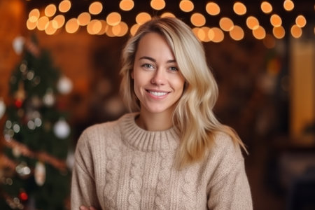 Portrait of a beautiful woman with blonde hair in a sweater on a background of a Christmas tree.の素材
