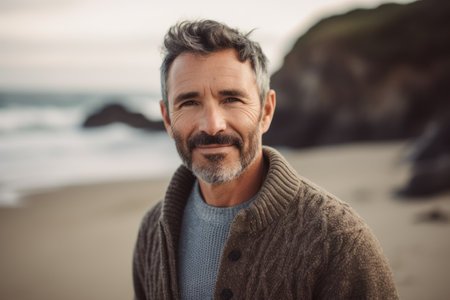 Portrait of handsome mature man on the beach at autumn day.の素材