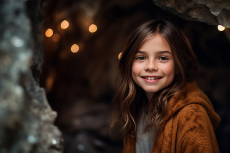 Portrait of a cute smiling little girl with long hair in an old cave.の素材