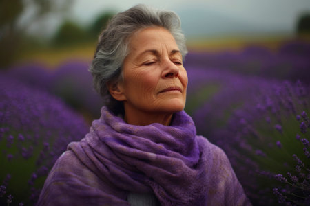 Portrait of a senior woman in lavender field at sunset.の素材