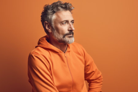 Portrait of a senior man in an orange hoodie on an orange background.の素材