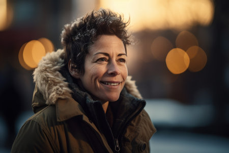 Portrait of smiling middle-aged woman on a city street at nightの素材