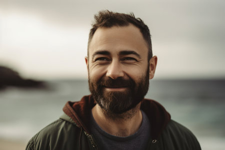 Portrait of a handsome bearded man standing on the beach at sunsetの素材