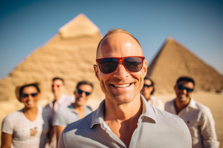 Portrait of happy man with group of friends in front of giza pyramidsの素材