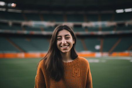 Portrait of a beautiful young girl in an orange sweater at the stadiumの素材