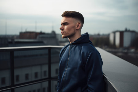 Attractive young man in sportswear looking away while standing on the rooftopの素材