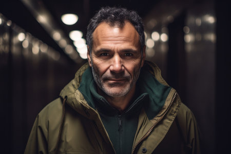 Portrait of a man in a raincoat looking at the cameraの素材