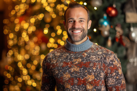 Portrait of a handsome young man in a sweater on a background of a Christmas treeの素材