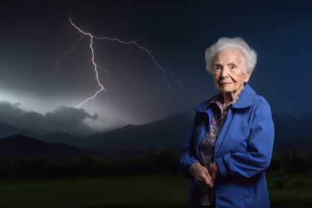 Elderly woman in a raincoat with lightning on the backgroundの素材