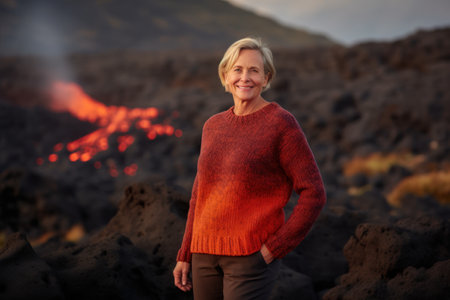 Portrait of smiling senior woman standing by bonfire in lava fieldの素材