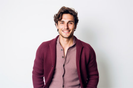 Portrait of a handsome young man smiling at camera on white backgroundの素材