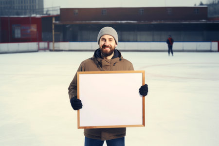 Handsome bearded man holding blank white board on skating rink outdoorsの素材