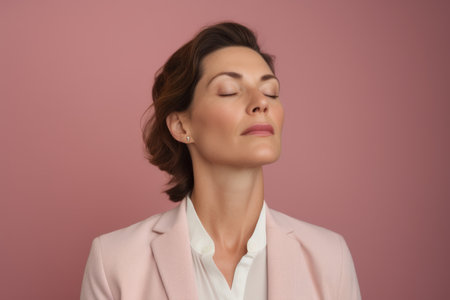Portrait of a beautiful woman with closed eyes on a pink backgroundの素材
