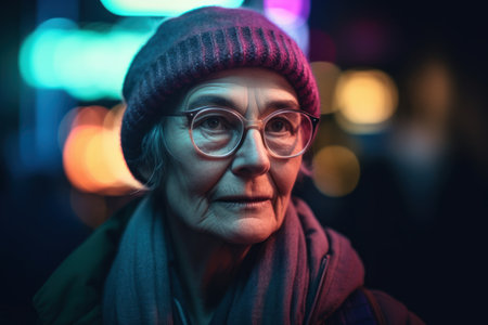 Portrait of senior woman with eyeglasses in the city at nightの素材