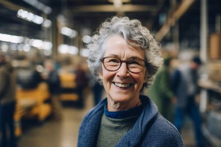 Portrait of smiling senior woman in eyeglasses standing in warehouseの素材