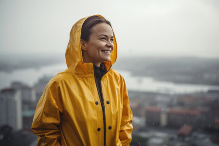 Portrait of smiling young woman in raincoat standing on the roof and looking awayの素材