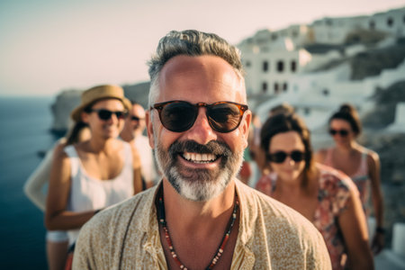 Portrait of happy mature man with friends on vacation in Santorini, Greeceの素材