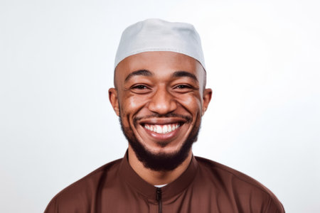 Portrait of a smiling muslim man isolated on a white backgroundの素材
