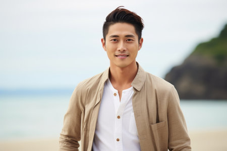 Handsome young man standing on the beach, looking at cameraの素材