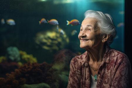 Portrait of smiling senior woman looking at camera while standing in aquariumの素材