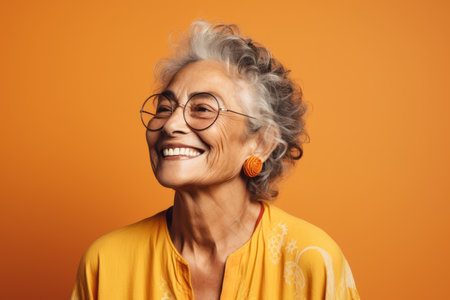 Portrait of smiling senior woman with eyeglasses against orange backgroundの素材