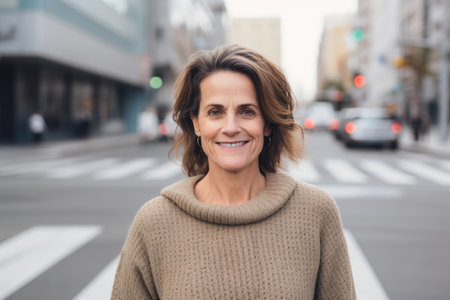 Portrait of smiling mature businesswoman standing in city street and looking at cameraの素材