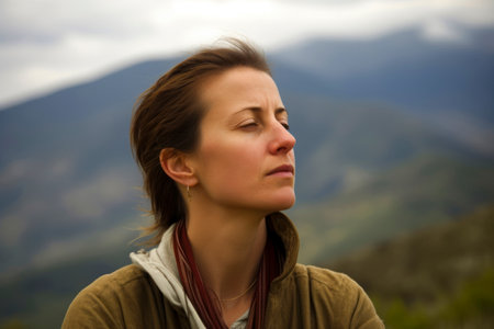 Beautiful young woman with closed eyes looking away in the mountains.の素材