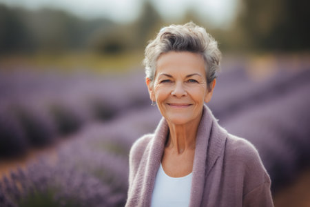 Portrait of smiling senior woman standing in lavender field in summerの素材