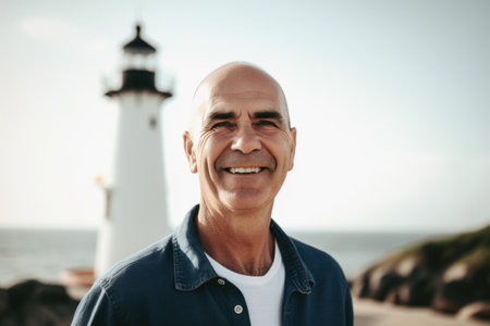 Portrait of a smiling senior man standing at the beach with a lighthouse in the backgroundの素材