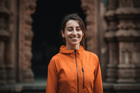 Portrait of a beautiful young woman in orange raincoat smiling.の素材