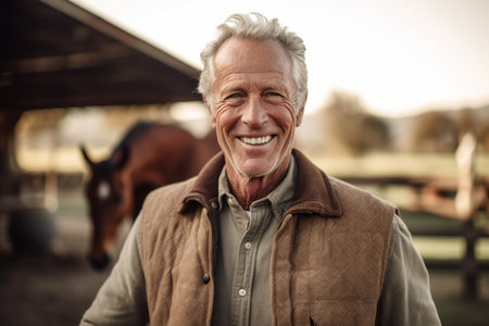 Portrait of a smiling senior man standing in the stable with his horseの素材