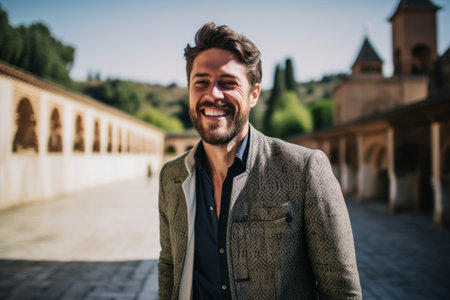 Portrait of a handsome young man in the old town of Toledo, Spainの素材