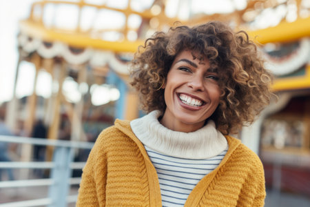Close up portrait of a smiling young african american woman with curly hair at amusement parkの素材