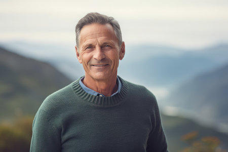 Portrait of smiling senior man standing in mountains, looking at cameraの素材