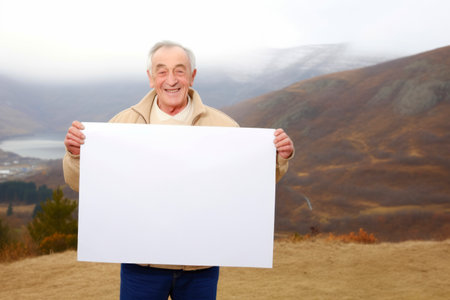 Senior man holding a blank sheet of paper on the top of a mountainの素材