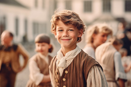 Portrait of a smiling boy in a medieval costume on the streetの素材