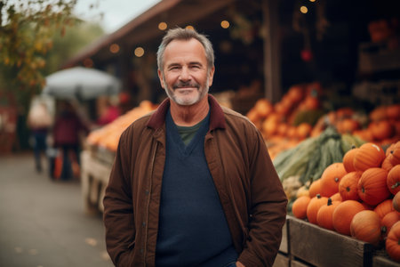 Portrait of mature man standing in front of pumpkins at marketの素材