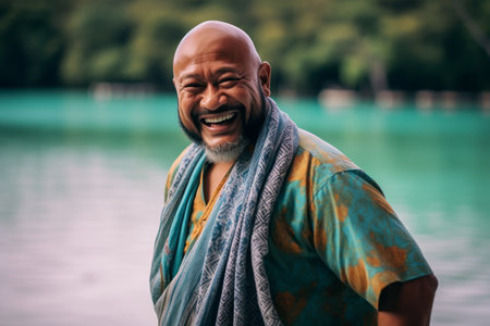Mature man in turquoise clothes on a tropical beach.の素材
