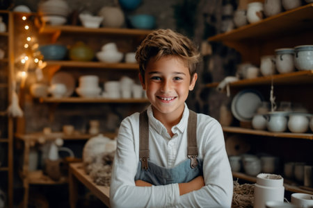 Cute little boy in pottery studio. Portrait of a smiling boy in a pottery studio.の素材