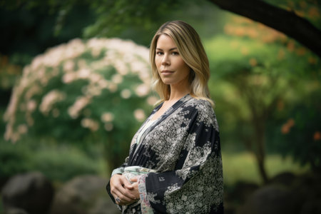 Beautiful young woman in a Japanese kimono in the gardenの素材